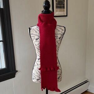 Handmade Red Knitted Scarf with Ruffle